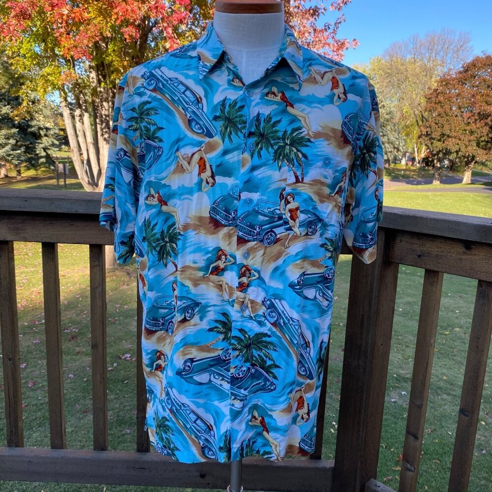 Marc Edwards Men’s Hawaiian Camp Shirt size XL Cars Convertible Pin Up Girl - Picture 12 of 14